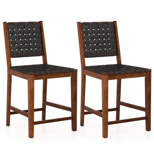 KOMFOTT 24" Counter Height Bar Stools Set of 2/4, Solid Wood Woven Rustic Barstools w/Faux PU Leather Straps