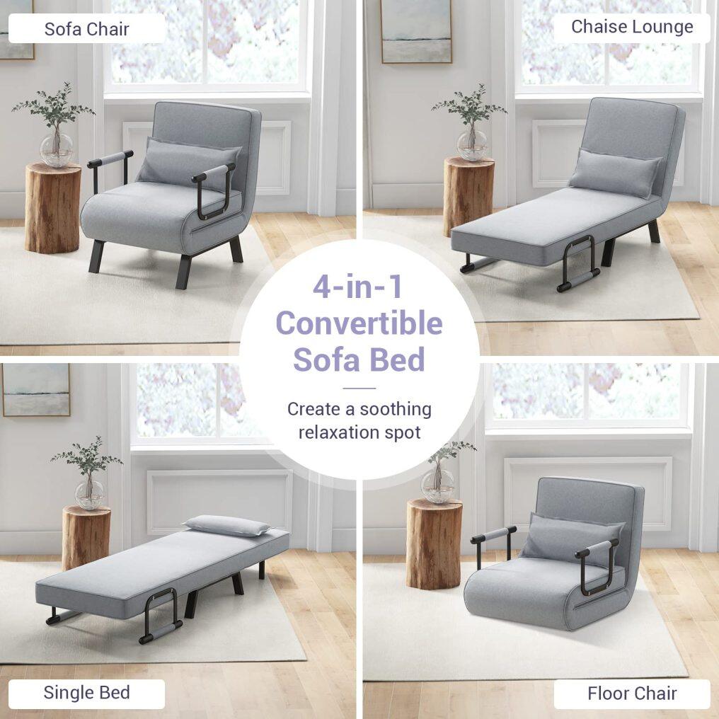 KOMFOTT Convertible Sleeper Chair Bed with Pillow, 4-in-1 Folding Sofa Bed with 6-Position Adjustable Backrest