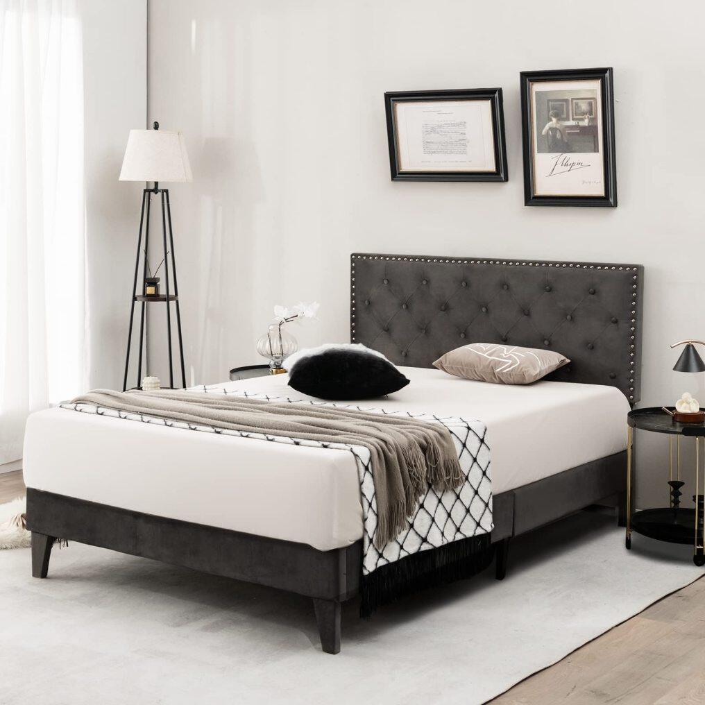 KOMFOTT Full/Queen Size Upholstered Bed Frame with Tufted Headboard & Soft-padded Footboard