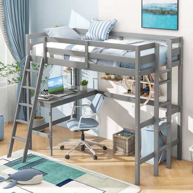 KOMFOTT Twin Size Loft Bed with Desk, 2 Ladders