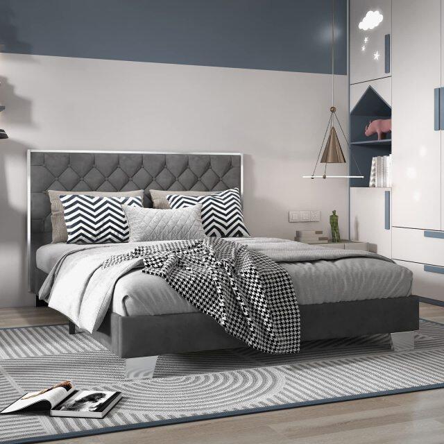 KOMFOTT Full Size Upholstered Bed Frame with Button Tufted Headboard