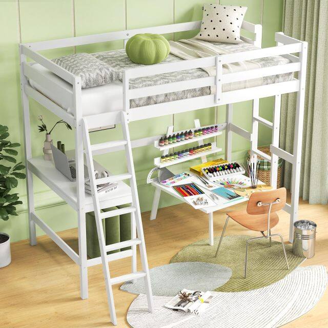 KOMFOTT Twin Size Loft Bed with Desk, 2 Ladders