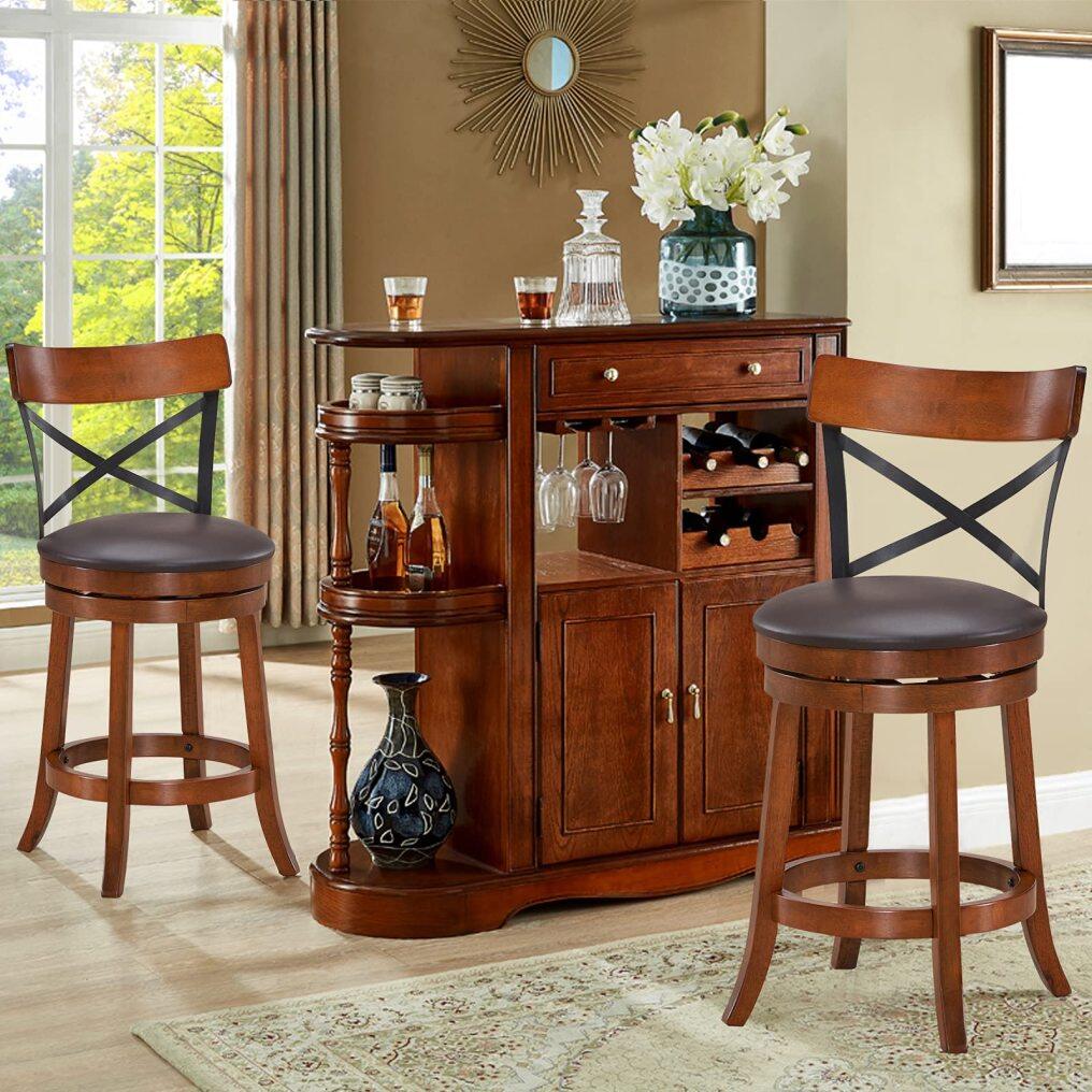 KOMFOTT 360-Degree Swivel Solid Wood  Bar Stool Set of 2/4 with Soft Cushion & Backrest