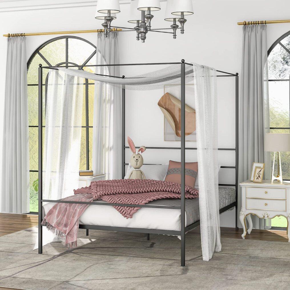 KOMFOTT Metal Canopy Bunk Bed, Modern 4 Poster Canopied Platform Bed with Headboard