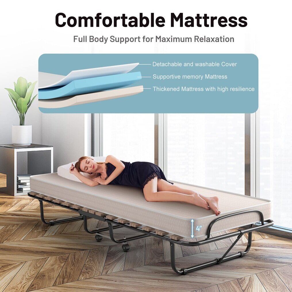 KOMFOTT Portable Rollaway Bed with 4" Memory Foam Mattress for Adults and Guests