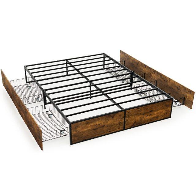KOMFOTT Industrial Metal Bed Frame with 4 Drawers & Reserved Holes for Headboard