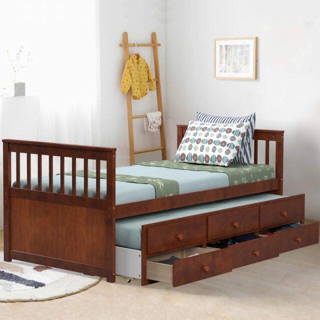 KOMFOTT Twin Captain’s Bed with Trundle Bed, Wood Storage Daybed with 3 Storage Drawers