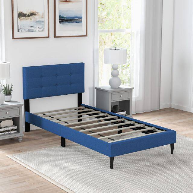 KOMFOTT Twin/Queen Size Upholstered Platform Bed Frame with Button Tufted Linen Fabric Headboard
