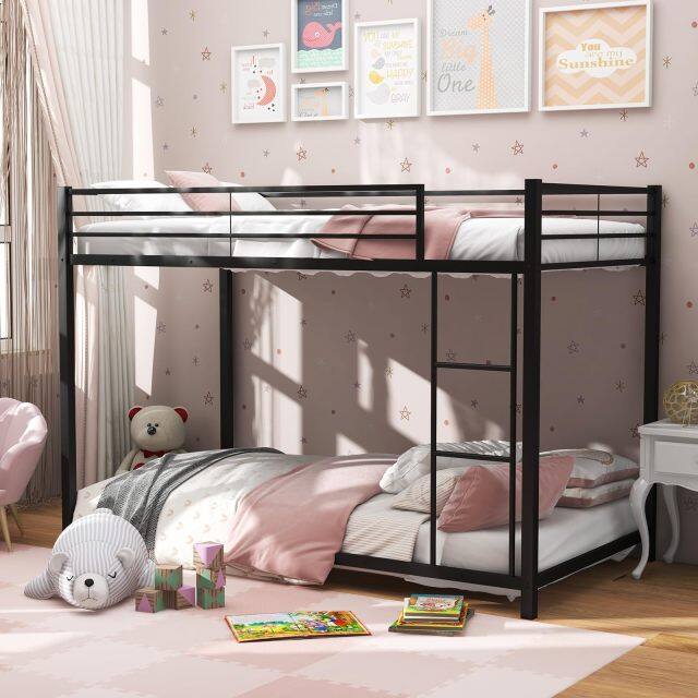 KOMFOTT Twin Over Twin Metal Low Profile Bunk Bed with Safety Guard Rails & Side Ladder