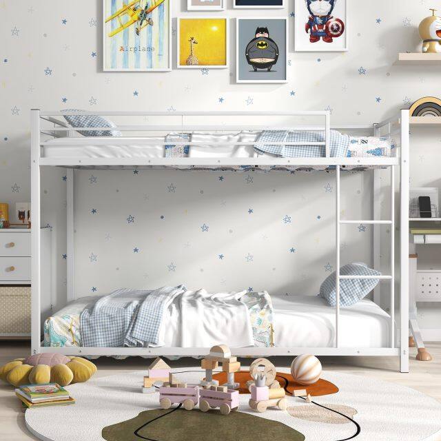 KOMFOTT Twin Over Twin Metal Low Profile Bunk Bed with Safety Guard Rails & Side Ladder