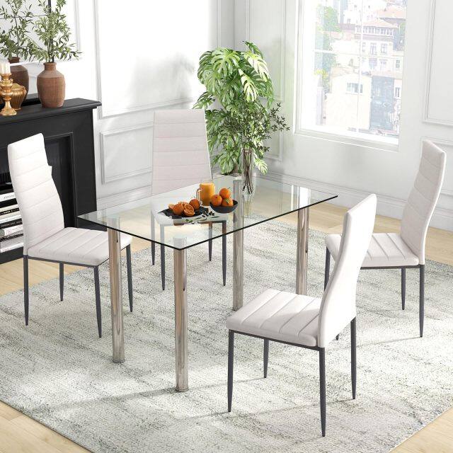 KOMFOTT 5 Piece Dining Table Sets, Modern Tempered Glass Top and PVC Leather Chair w/4 Chairs