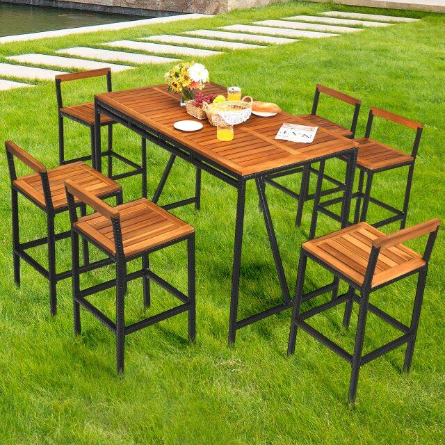 7PCS Patio Rattan Bar Set with Back Support and Footrest