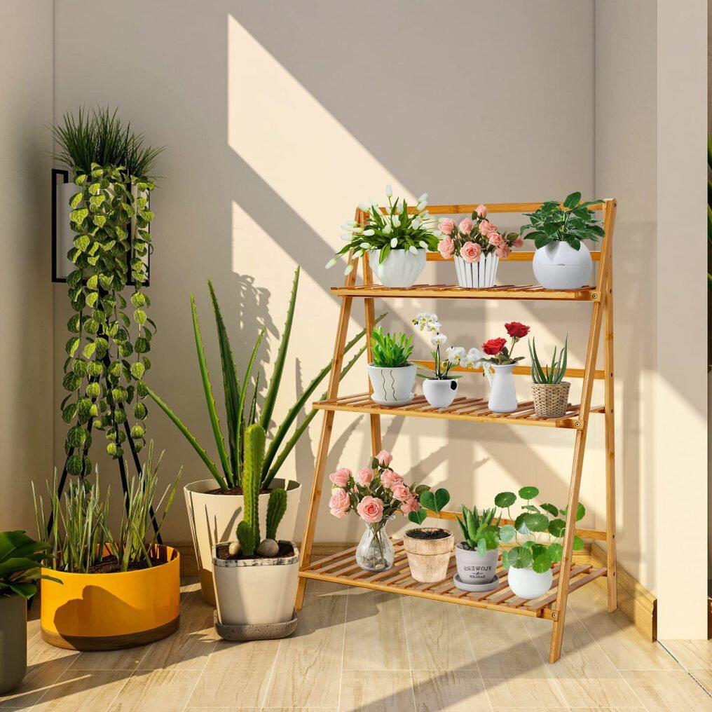 Bamboo Ladder Shelf Foldable Multifunctional Plant Flower Display Stand Storage Rack Bookcase Bookshelf