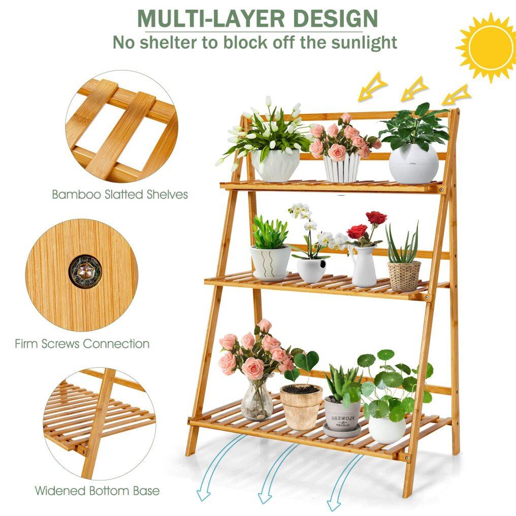 Bamboo Ladder Shelf Foldable Multifunctional Plant Flower Display Stand Storage Rack Bookcase Bookshelf
