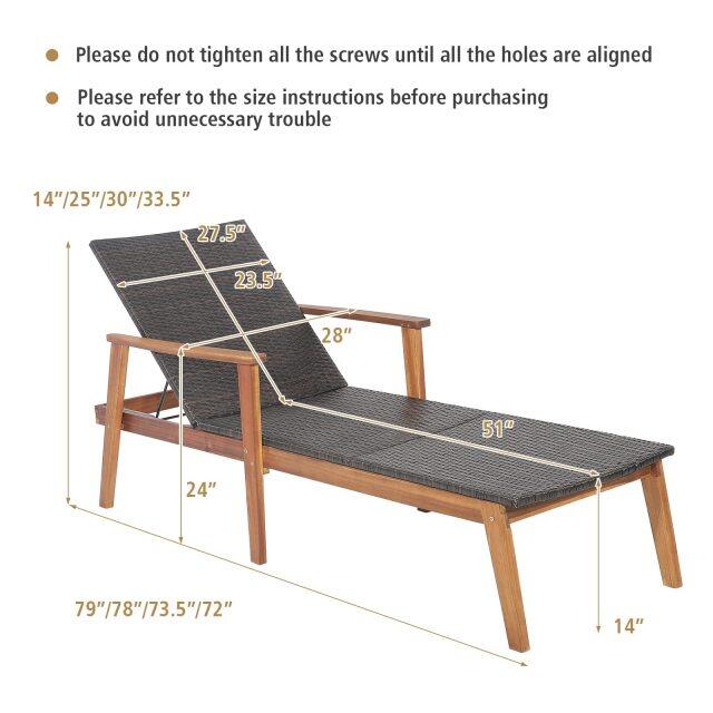 Patio Rattan Chaise Lounge Chair Recliner Back Adjustable Acacia Wood Garden