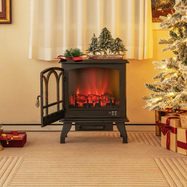 Electric Fireplace Stove with 3-Sided View, Remote Control, 1400W Portable Freestanding Heater with Thermostat