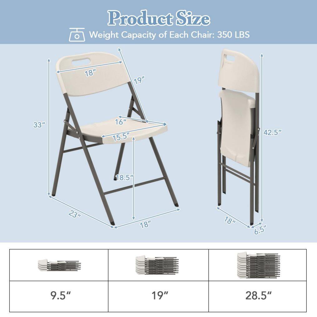 Stackable Plastic Folding Chairs w/Waterproof Seat 350 LBS Capacity Heavy-Duty Metal Frame