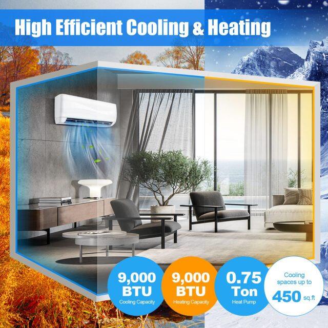 9000 BTU Mini Split Air Conditioner & Heater, 17 SEER2 208V-230V Pre-Charged Inverter Heat Pump System