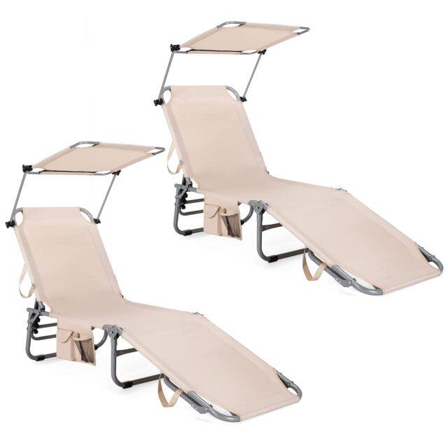 Beach Foldable Chaise Lounge with Canopy Adjustable Backrest & Side Pocket