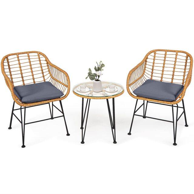 3-Piece Rattan Patio Bistro Set with 2 Cushioned Armchairs & Coffee Table