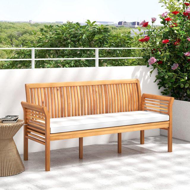 23”x 62.5”x30.5” Wooden Outdoor Bench with White Cushion