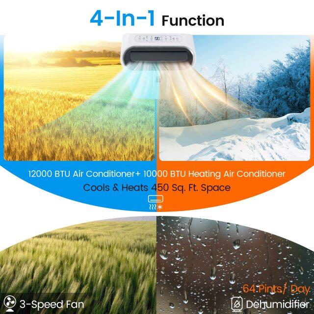 12000 BTU Portable Air Conditioner and Heater, 4-in-1 AC Unit with Dehumidifier, Heat, Cool, Fan