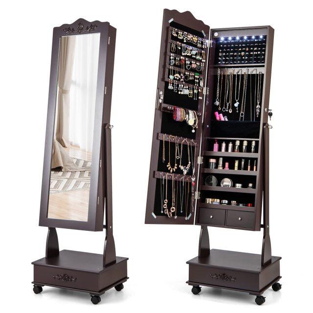 6 LEDs Mirror Jewelry Cabinet with Wheels Floor Standing Jewelry Armoire for Living Room Bedroom