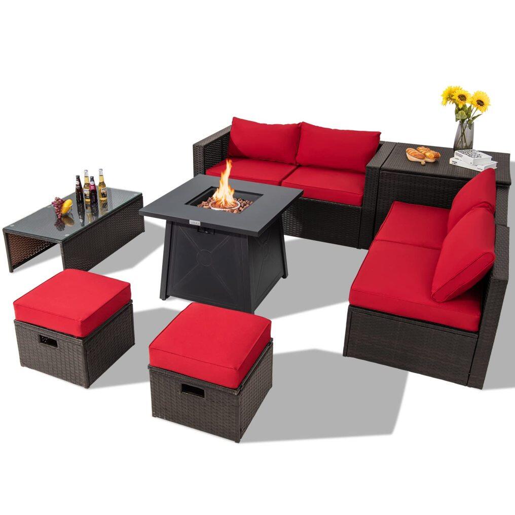 9 Piece Patio Furniture Set with 30'' Fire Pit Table for Poolside Backyard