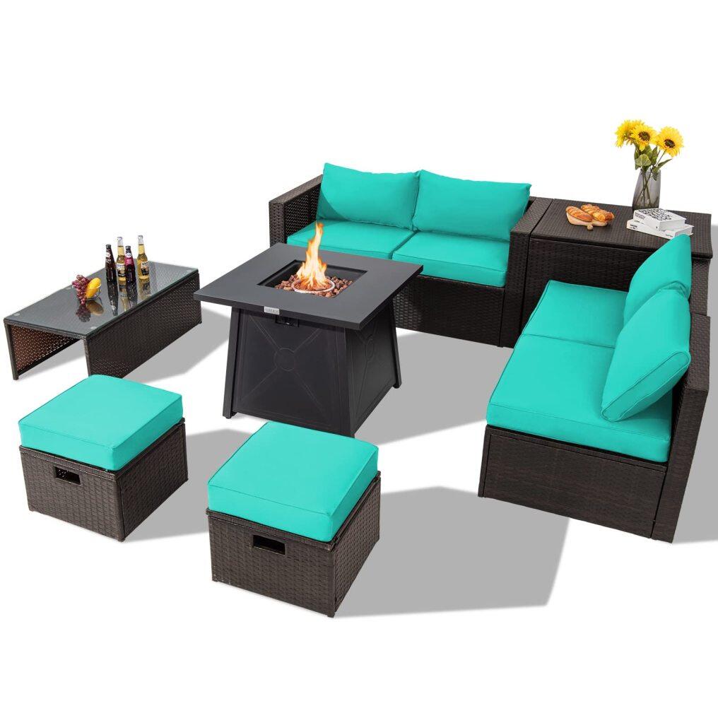 9 Piece Patio Furniture Set with 30'' Fire Pit Table for Poolside Backyard