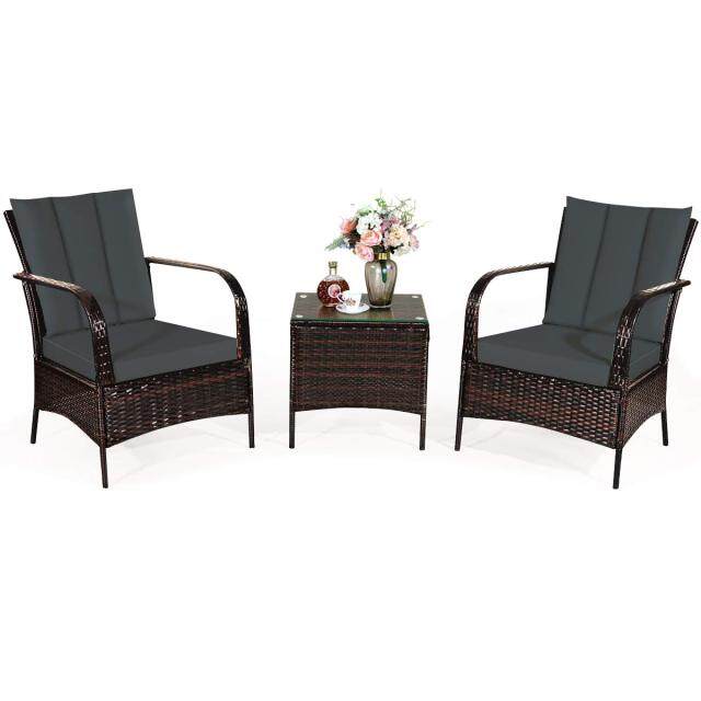 3 Pieces Patio Rattan Furniture Set with Coffee Table & 2 Cushions for Backyard