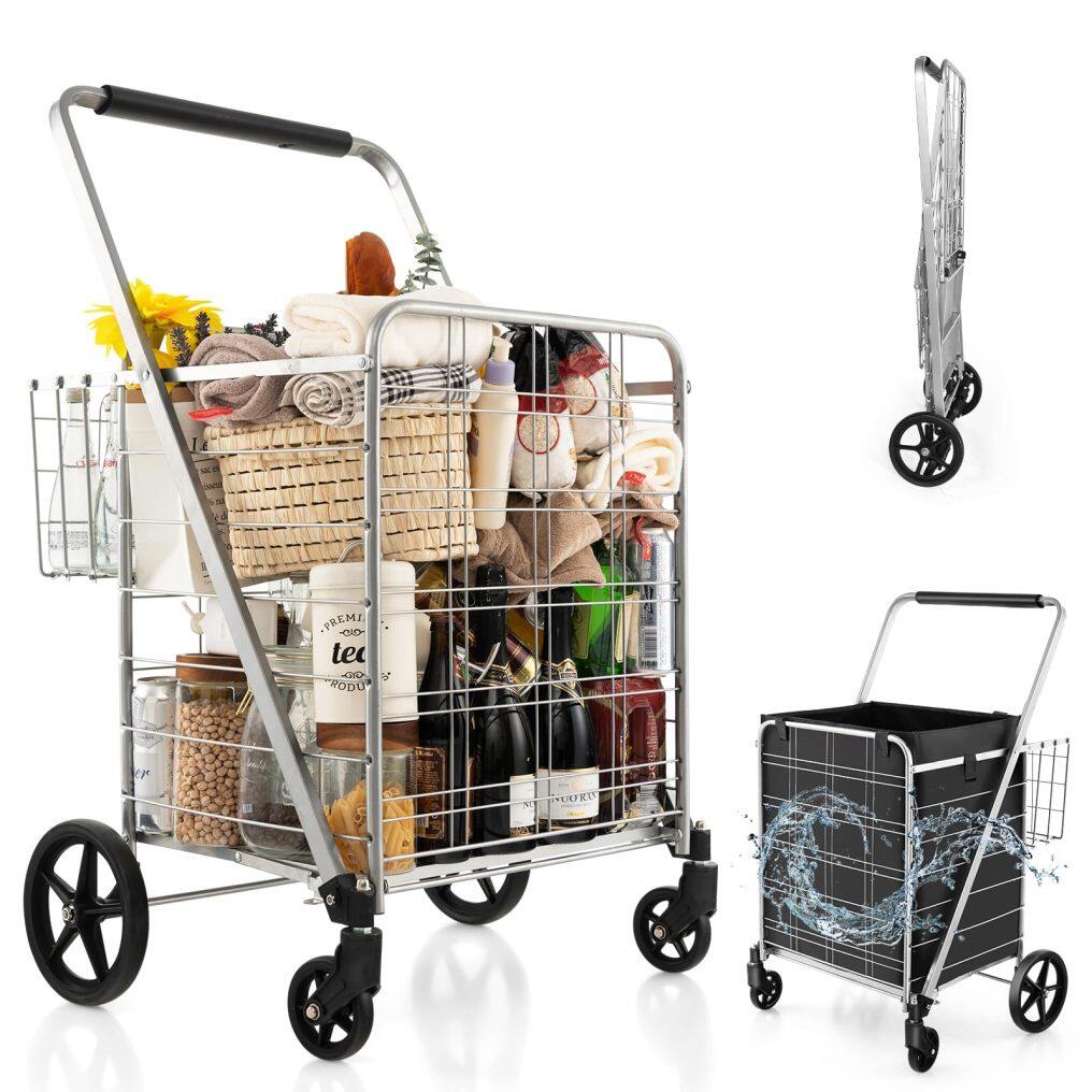 Jumbo Deluxe Folding Shopping Cart Foldable Grocery Cart on Wheels with Oxford Cloth Liner