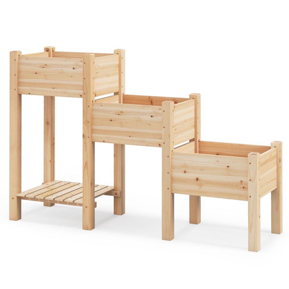 3 Tier Wooden Elevated Planter Stand with Open Shelf & Drainage Holes