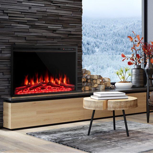 34-Inch Electric Fireplace, Wall-Mounted and Recessed Fireplace Heater with 4 Flame and Log Colors