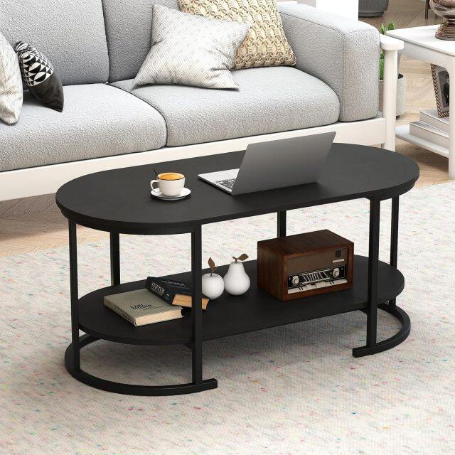 Industrial Wooden Oval Coffee Table with Storage
