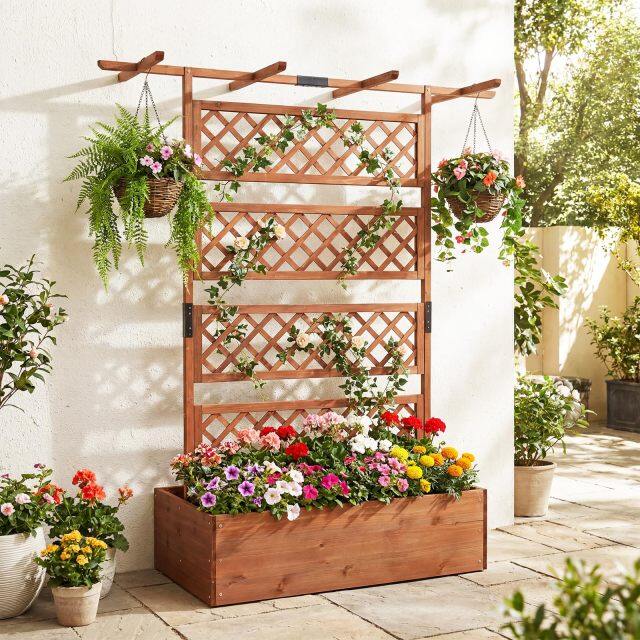 72" Wooden Raised Garden Planter with Trellis and Roof