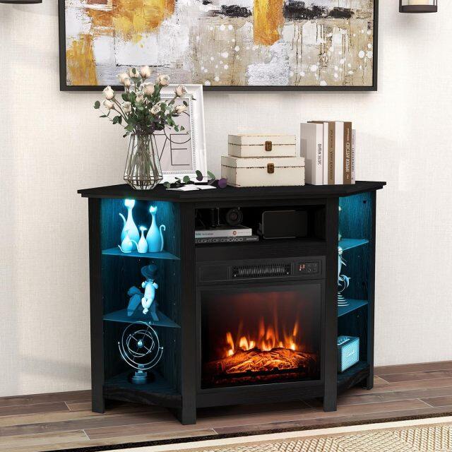 Corner Fireplace TV Stand with LED Lights for TVs up to 50”, Modern Entertainment Center with Electric Fireplace
