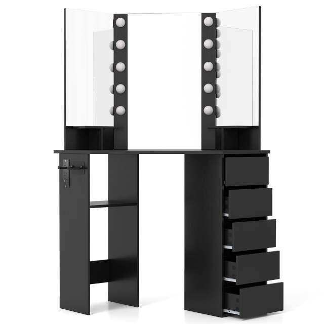 Corner Vanity Desk with Mirror and Lights for Women