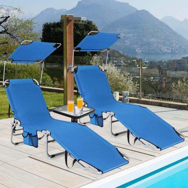 Beach Foldable Chaise Lounge with Canopy Adjustable Backrest & Side Pocket