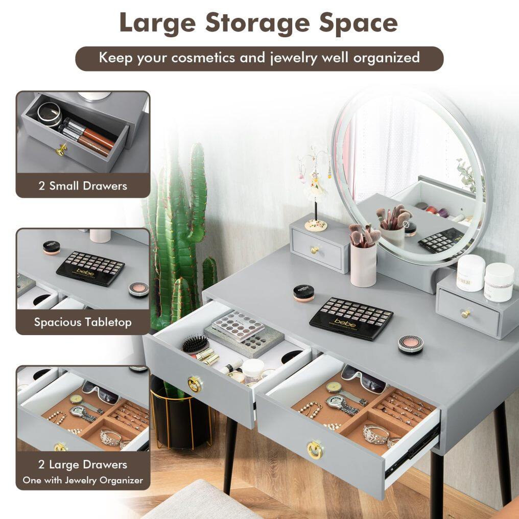 Vanity Table Set with Mirror and Lights w/ 3 Color Lighting Modes & Adjustable Brightness