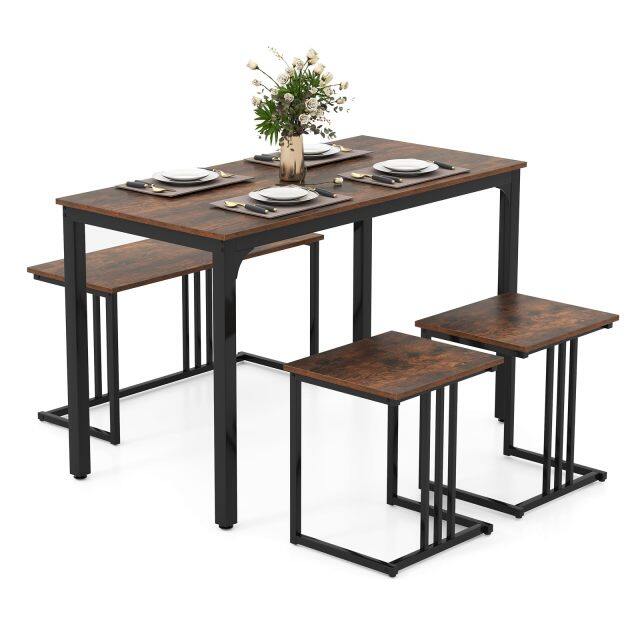 Industrial Dining Table W/Bench & 2 Stools for 4 Persons