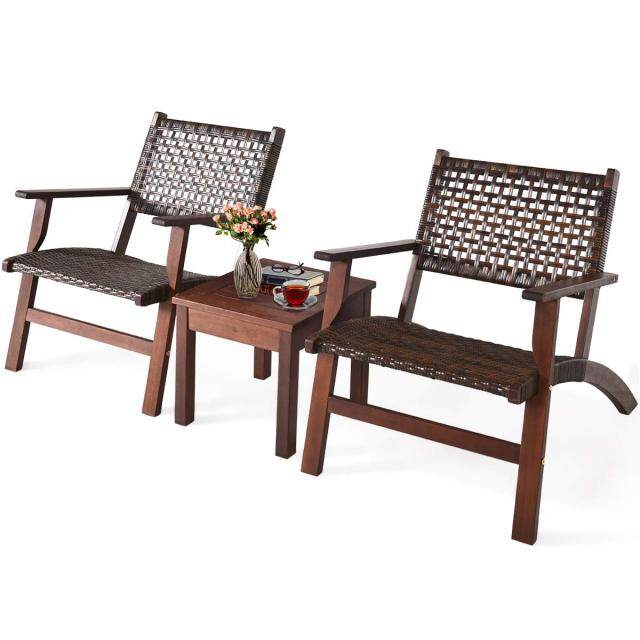 3 Pieces Patio Rattan Furniture Set with Wood Frame Chair