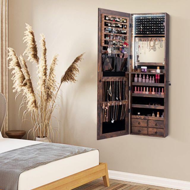 LED Mirror Jewelry Cabinet Full Length Mirror with Jewelry Storage