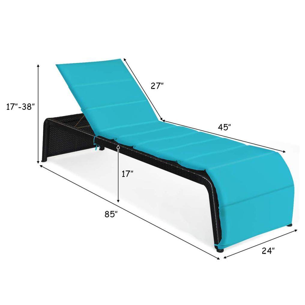 Patio Rattan Lounge Chair Cushioned Chaise Recliner Chair with Adjustable Back Garden Backyard Poolside Turquoise