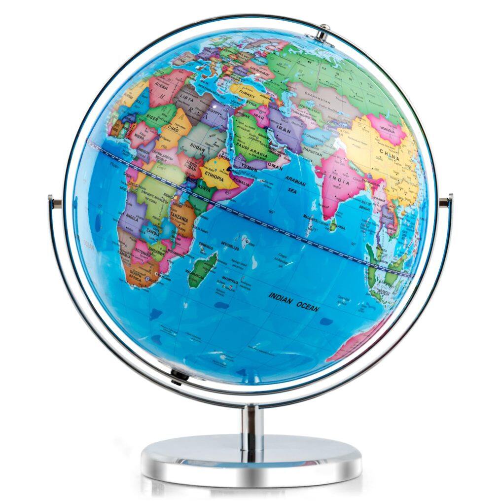 Illuminated World Globe 13” Desktop Geographic Globe w/LED Light & Easy-to-Read Clear Map for Students