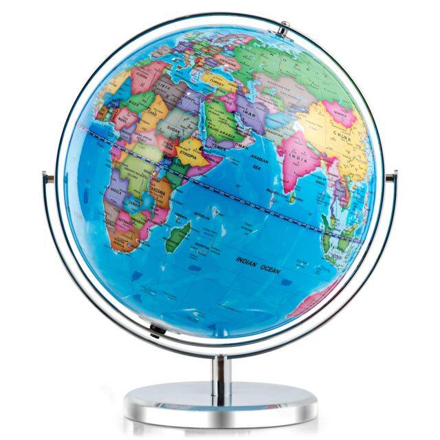 Illuminated World Globe 13” Desktop Geographic Globe w/LED Light & Easy-to-Read Clear Map for Students