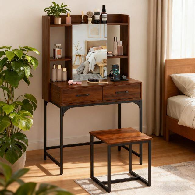 Industrial Vanity Desk with Mirror and Stool for Women Teens Girls