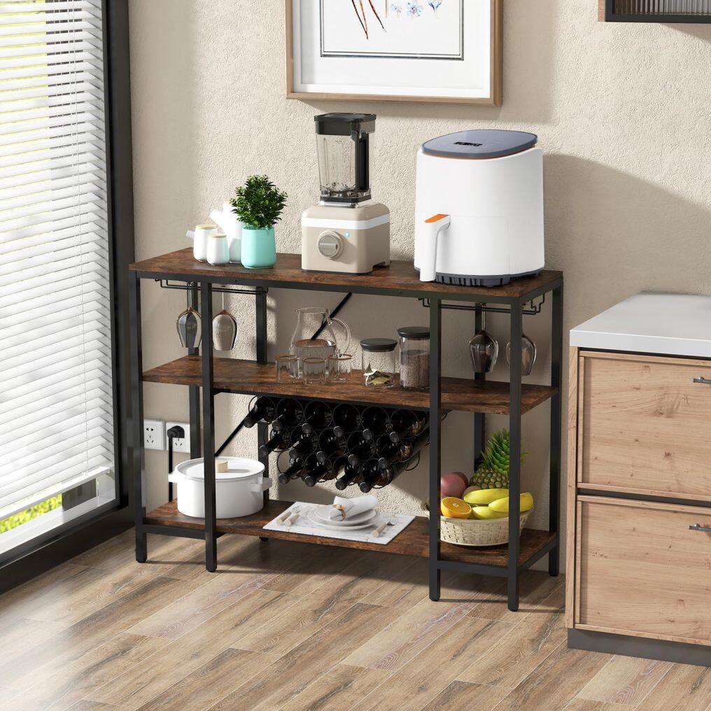 Wine Bar Cabinet 3-Tier Home Mini Bar for Liquor w/Power Outlets