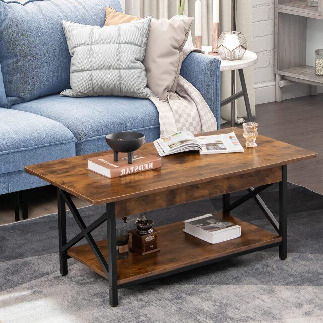 Industrial Coffee Table 2-Tier Wood Cocktail Tea Table with Storage Shelf and X-Shape Steel Frame