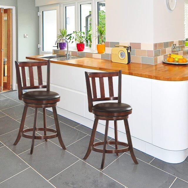 25 Inch Set of 2/4 Wood Swivel Counter Height Dining Pub Bar Stools with PVC Cushioned Seat