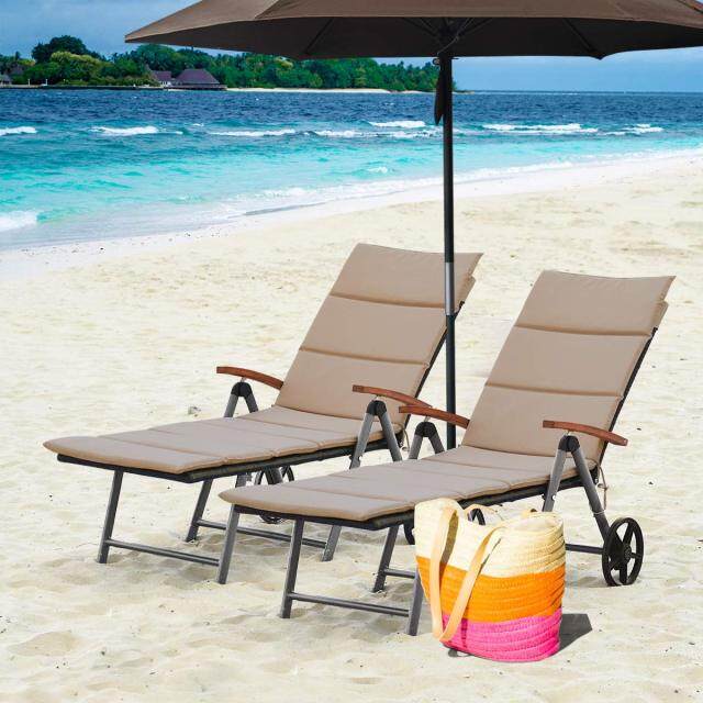 Folding Rattan Lounge with Wheels Aluminum Patio Lounger with 7 Adjustable Positions